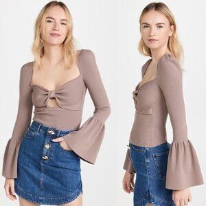 NWT Self Portrait Ribbed Knit Bow Bust Flared Sleeve Cut Out Top Brown Size: XL